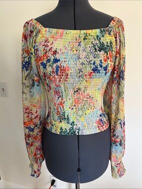 Anthropologie Multicolor Smocked Floral Square-Neck Blouse